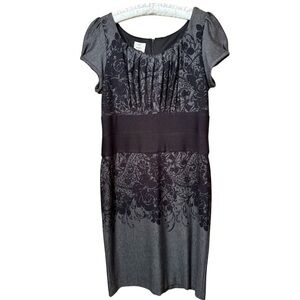 Suzi Chin for Maggy Boutique Black Gray Floral Knit Short Sleeve Dress Size 12